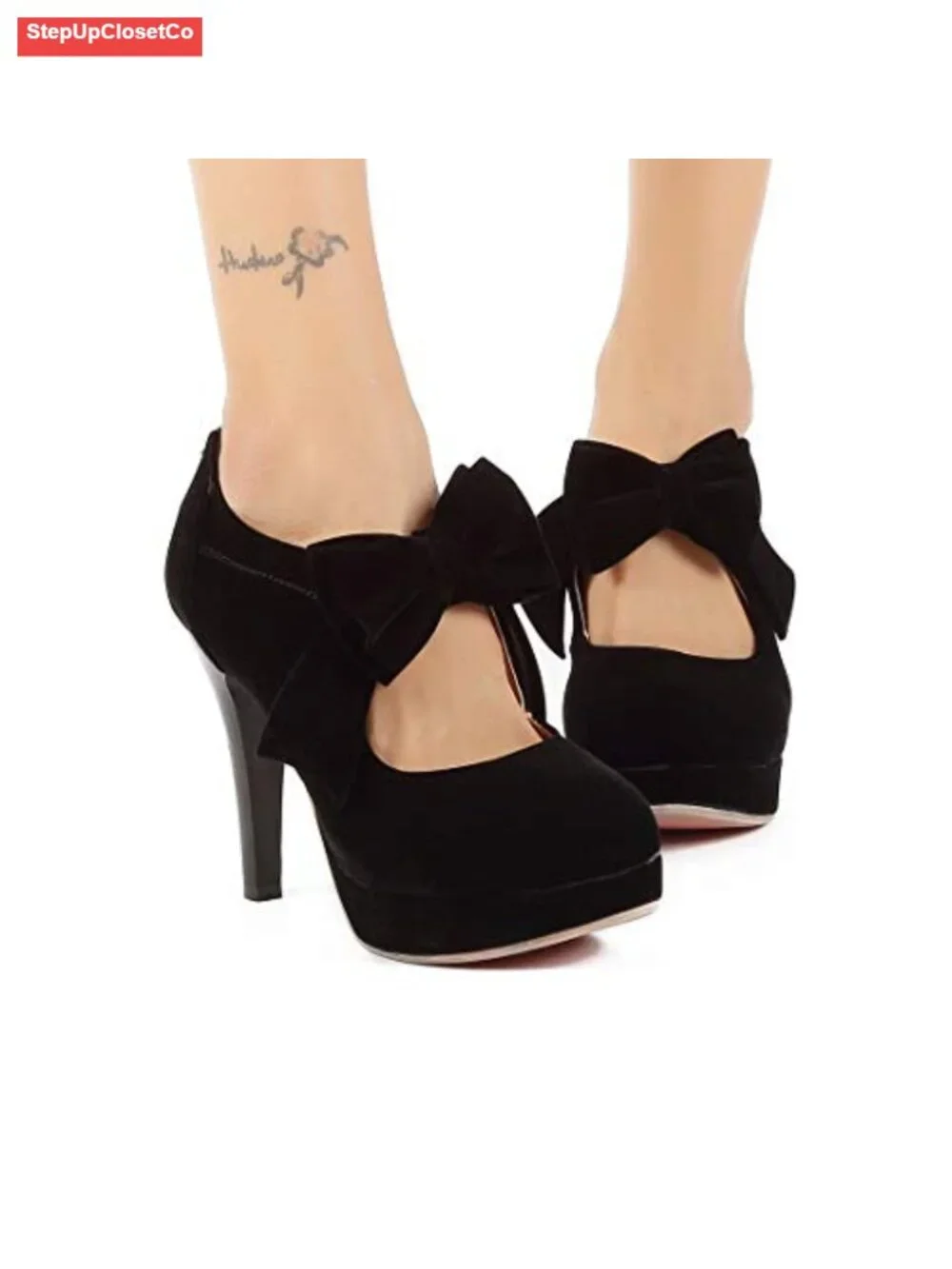 Vintage Bowtie Platform Pumps for Women - 4 Inch High Heels, Closed Toe, Back